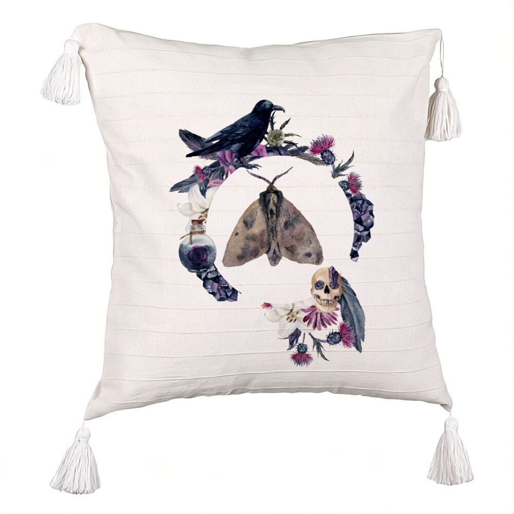 Perna Decorativa cu Franjuri cu motiv de Halloween 8, 45x45 cm, Ecru, Cu fermoar 5 Perna Decorativa cu Franjuri cu motiv de Halloween 8