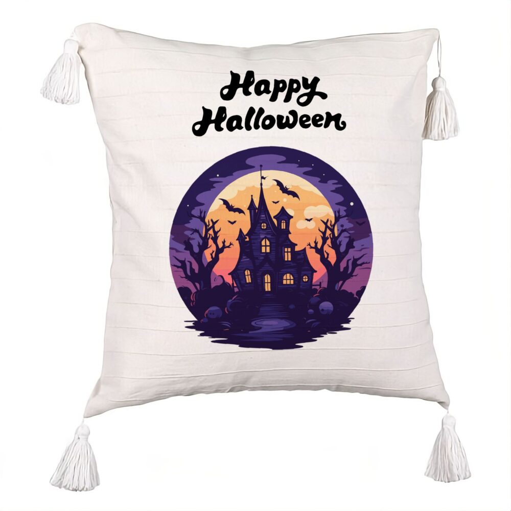 Perna Decorativa cu Franjuri cu motiv de Halloween si Text, 45x45 cm, Ecru, Cu fermoar 5 Perna Decorativa cu Franjuri cu motiv de Halloween si Text
