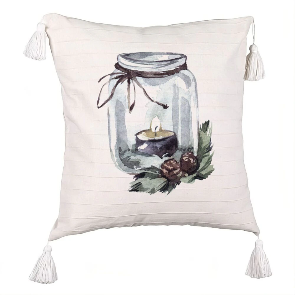 Perna Decorativa cu Franjuri cu tematica de Craciun, 13, 45x45 cm, Ecru, Cu fermoar 5 Perna Decorativa cu Franjuri cu tematica de Craciun