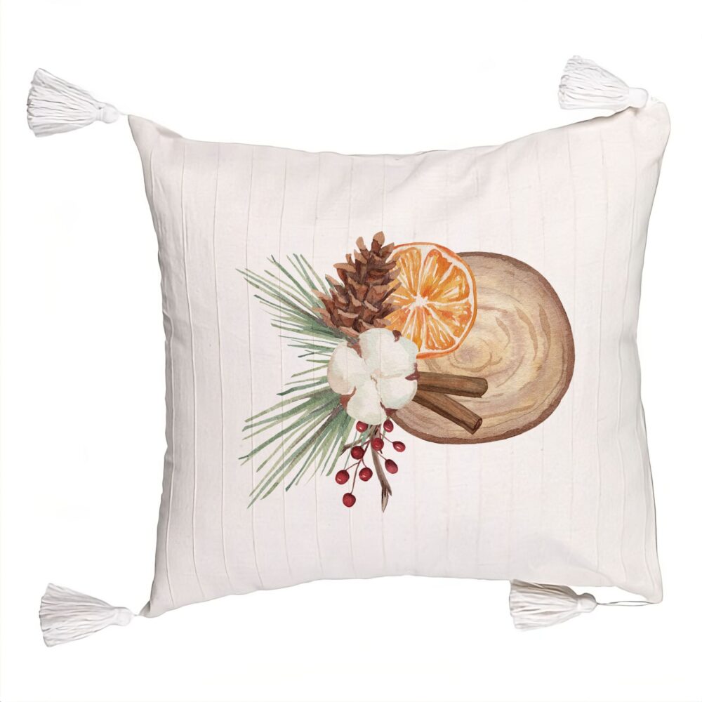 Perna Decorativa cu Franjuri cu tematica de Craciun, 14, 45x45 cm, Ecru, Cu fermoar 5 Perna Decorativa cu Franjuri cu tematica de Craciun