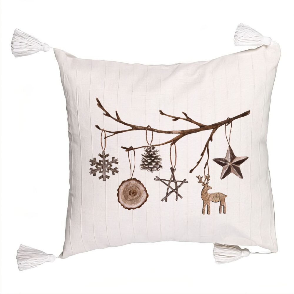 Perna Decorativa cu Franjuri cu tematica de Craciun, 16, 45x45 cm, Ecru, Cu fermoar 5 Perna Decorativa cu Franjuri cu tematica de Craciun