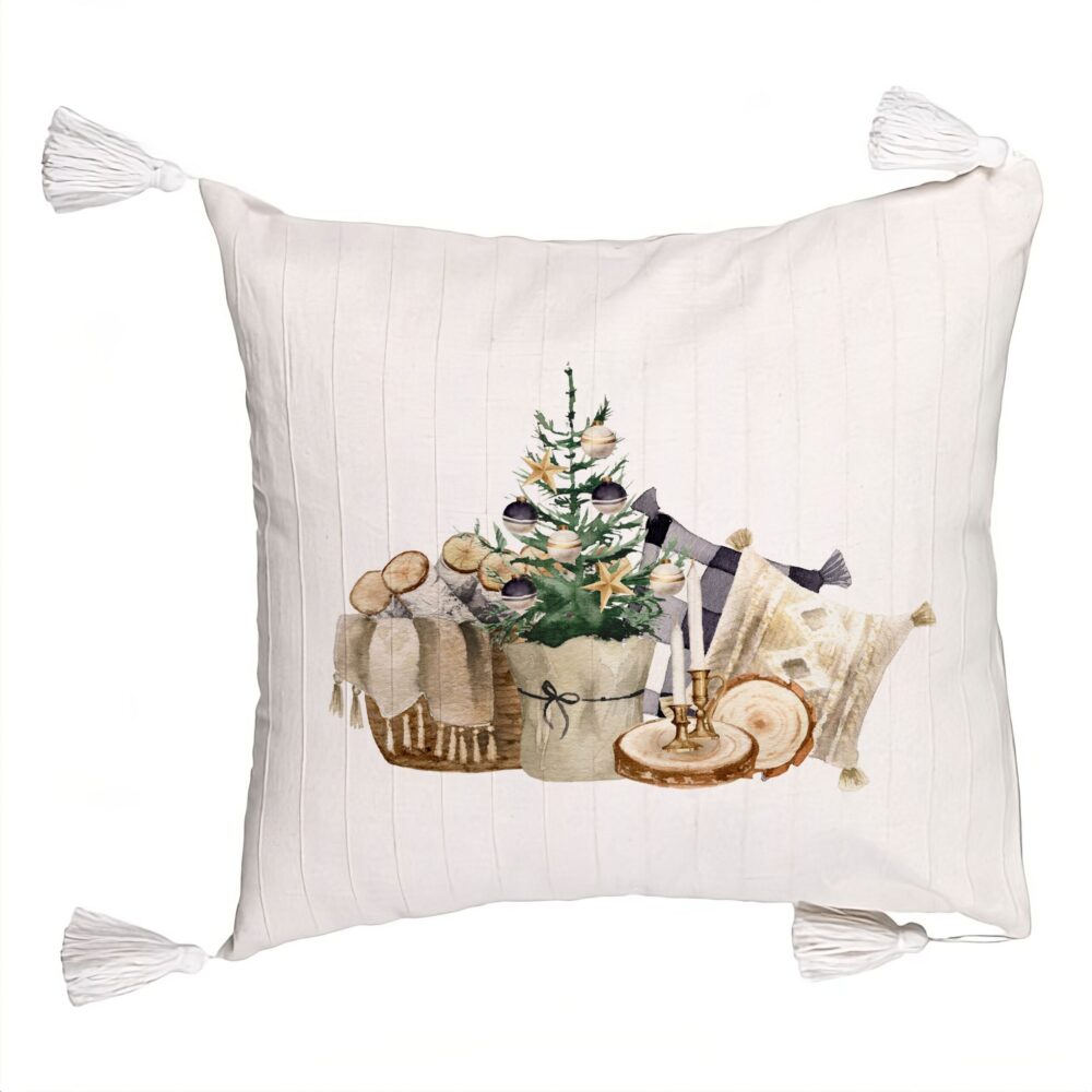 Perna Decorativa cu Franjuri cu tematica de Craciun, 17, 45x45 cm, Ecru, Cu fermoar 5 Perna Decorativa cu Franjuri cu tematica de Craciun