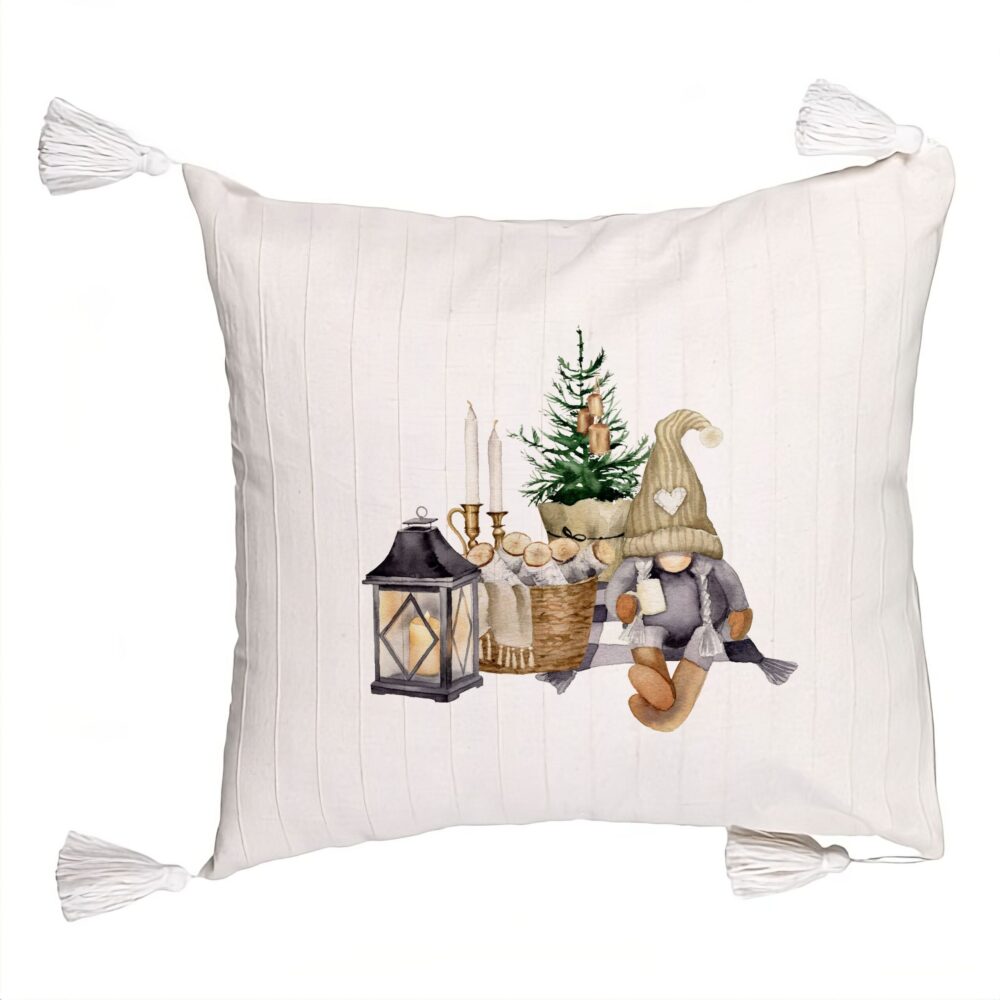 Perna Decorativa cu Franjuri cu tematica de Craciun, 19, 45x45 cm, Ecru, Cu fermoar 5 Perna Decorativa cu Franjuri cu tematica de Craciun