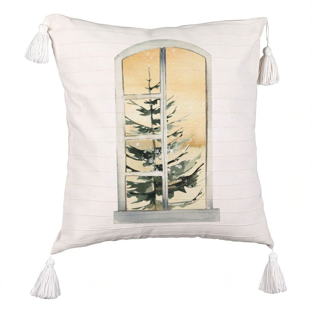 Perna Decorativa cu Franjuri cu tematica de Craciun, 5, 45x45 cm, Ecru, Cu fermoar 5 Perna Decorativa cu Franjuri cu tematica de Craciun