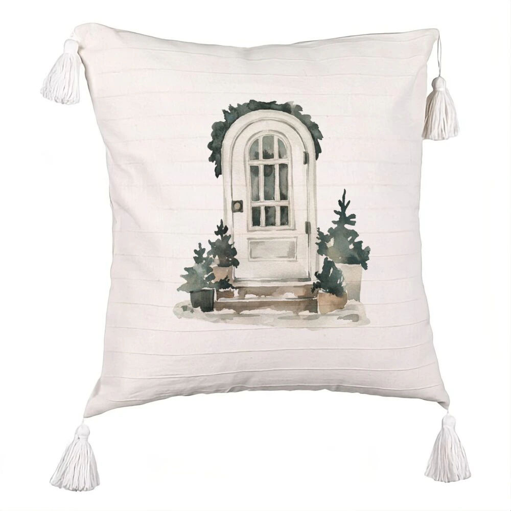 Perna Decorativa cu Franjuri cu tematica de Craciun, 8, 45x45 cm, Ecru, Cu fermoar 5 Perna Decorativa cu Franjuri cu tematica de Craciun