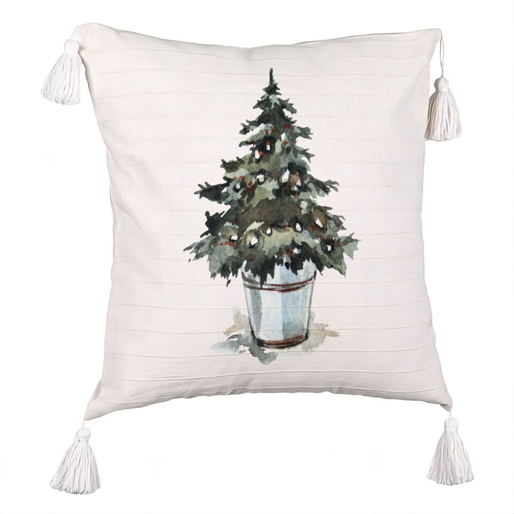 Perna Decorativa cu Franjuri cu tematica de Craciun, Brad 1, 45x45 cm, Ecru, Cu fermoar 5 Perna Decorativa cu Franjuri cu tematica de Craciun