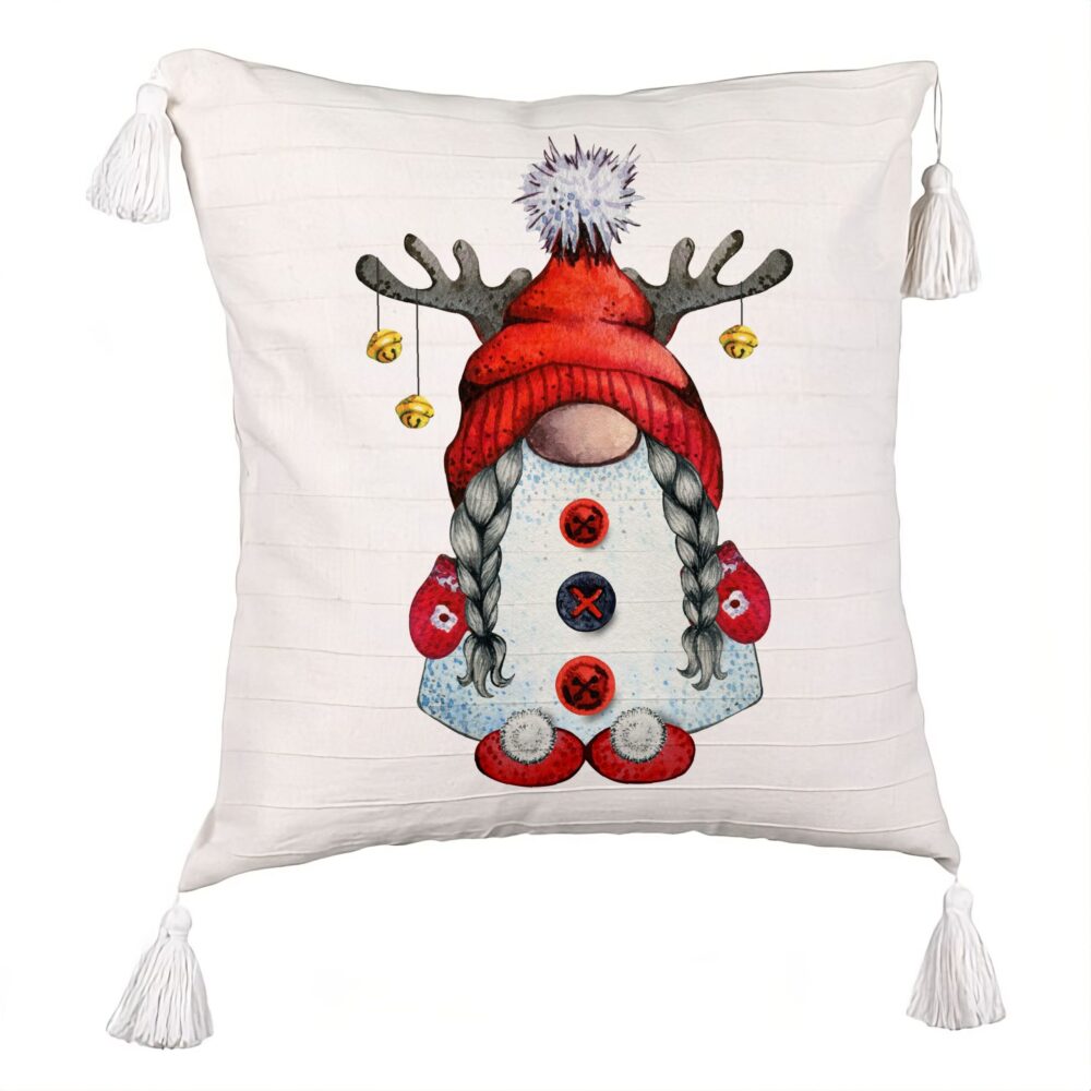 Perna Decorativa cu Franjuri cu tematica de Craciun, Gnom 2, 45x45 cm, Ecru, Cu fermoar 5 Perna Decorativa cu Franjuri cu tematica de Craciun
