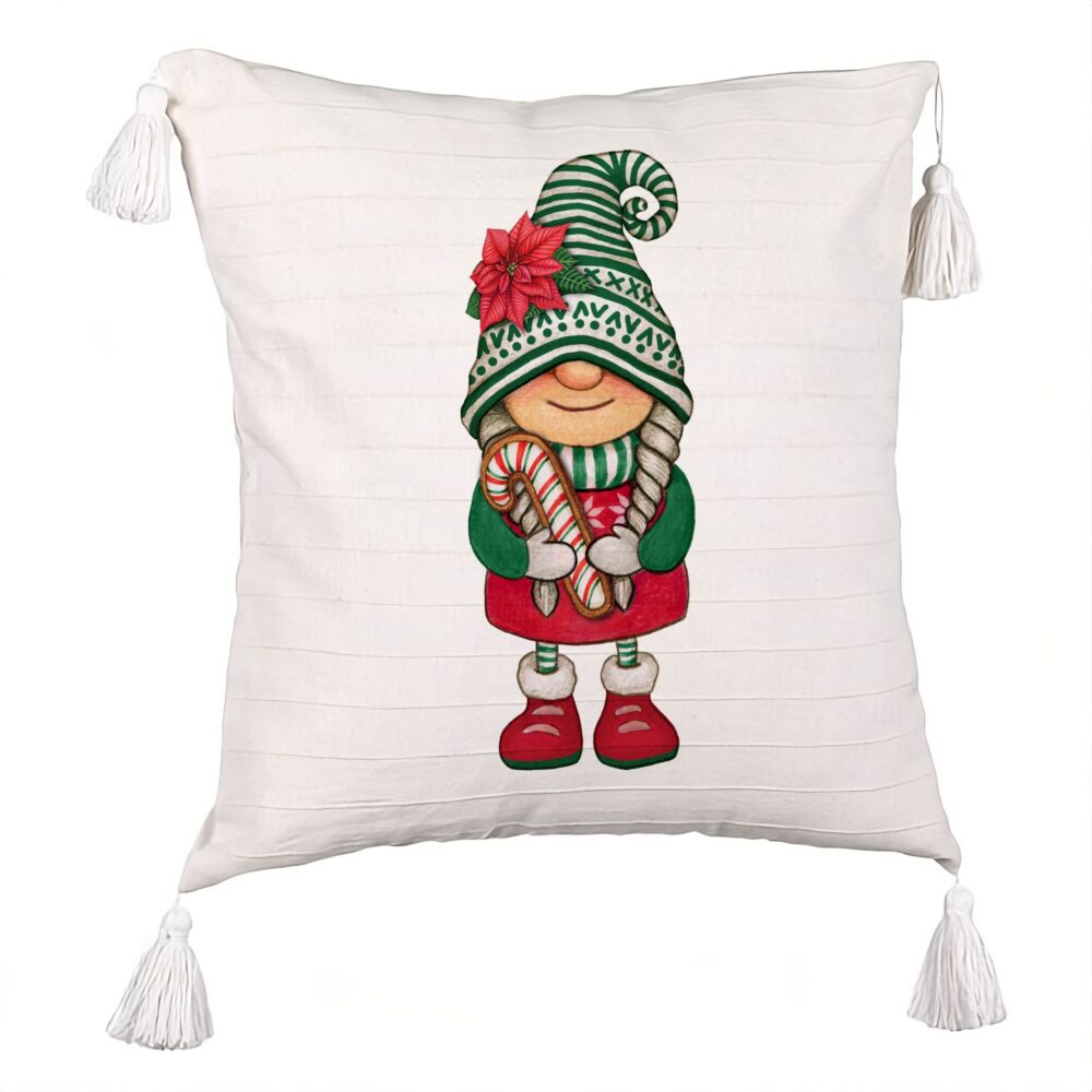 Perna Decorativa cu Franjuri cu tematica de Craciun, Gnom 5, 45x45 cm, Ecru, Cu fermoar 5 Perna Decorativa cu Franjuri cu tematica de Craciun
