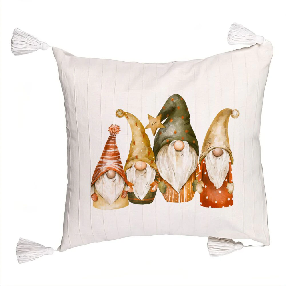 Perna Decorativa cu Franjuri cu tematica de Craciun, Gnomi, 45x45 cm, Ecru, Cu fermoar 5 Perna Decorativa cu Franjuri cu tematica de Craciun