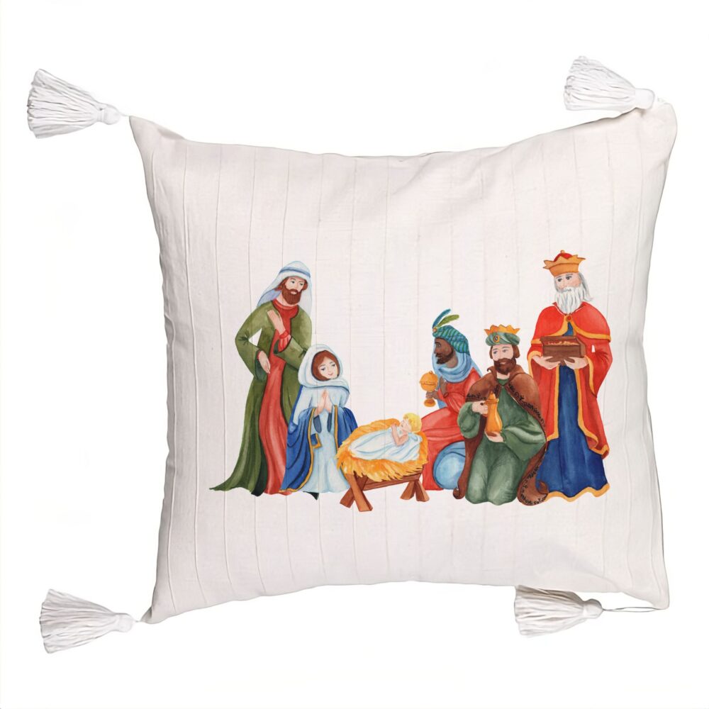 Perna Decorativa cu Franjuri cu tematica de Craciun, Isus - Darul lui Dumnezeu, 45x45 cm, Ecru, Cu fermoar 5 Perna Decorativa cu Franjuri cu tematica de Craciun