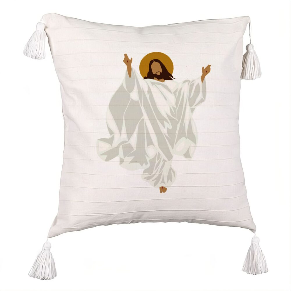 Perna Decorativa cu Franjuri cu tematica de Craciun, Isus Hristos, 45x45 cm, Ecru, Cu fermoar 5 Perna Decorativa cu Franjuri cu tematica de Craciun