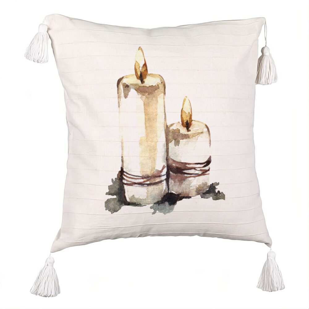 Perna Decorativa cu Franjuri cu tematica de Craciun, Lumanari 1, 45x45 cm, Ecru, Cu fermoar 5 Perna Decorativa cu Franjuri cu tematica de Craciun
