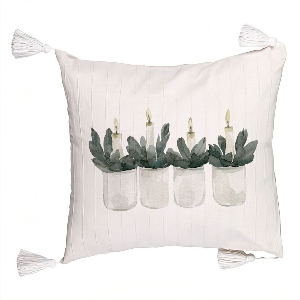 Perna Decorativa cu Franjuri cu tematica de Craciun, Lumanari 2, 45x45 cm, Ecru, Cu fermoar 5 Perna Decorativa cu Franjuri cu tematica de Craciun