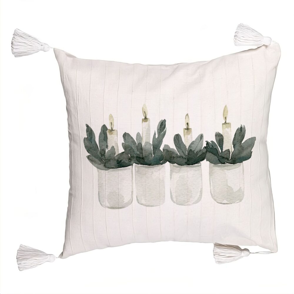 Perna Decorativa cu Franjuri cu tematica de Craciun, Lumanari, 3, 45x45 cm, Ecru, Cu fermoar 5 Perna Decorativa cu Franjuri cu tematica de Craciun