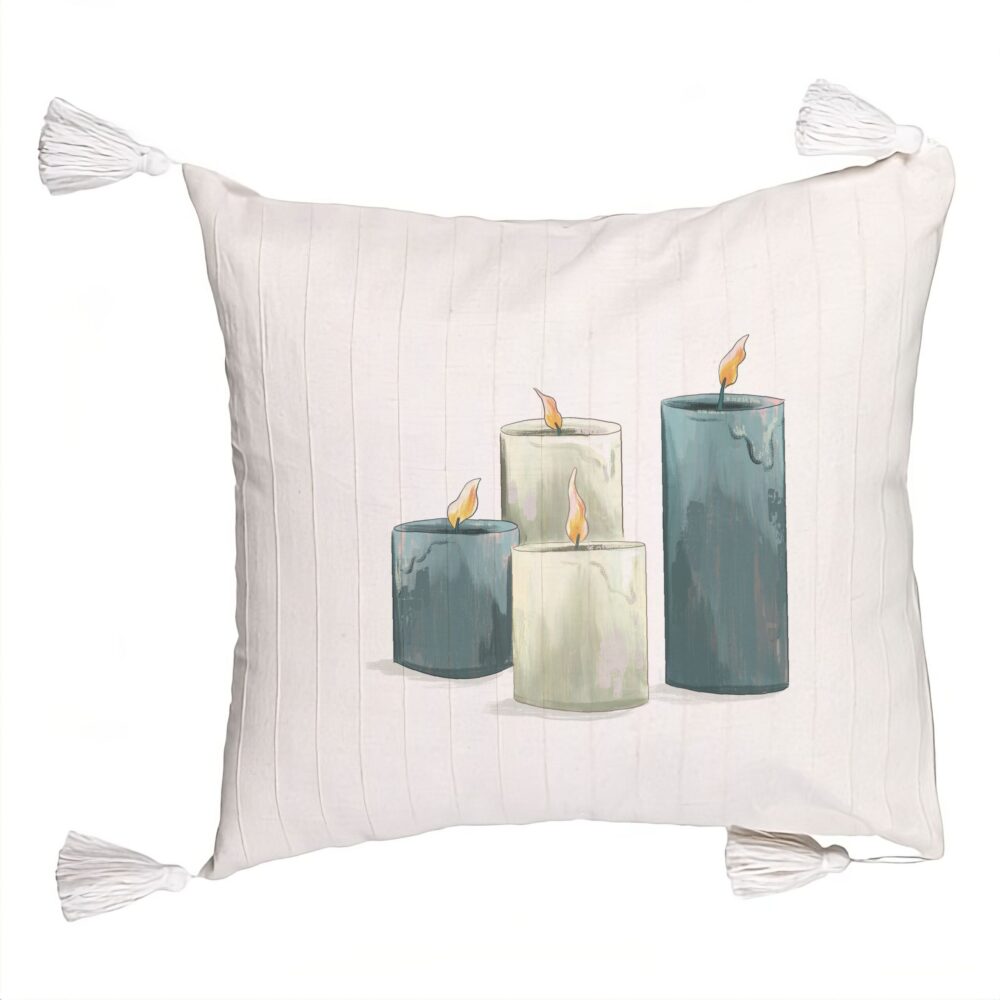 Perna Decorativa cu Franjuri cu tematica de Craciun, Lumanari 4, 45x45 cm, Ecru, Cu fermoar 5 Perna Decorativa cu Franjuri cu tematica de Craciun