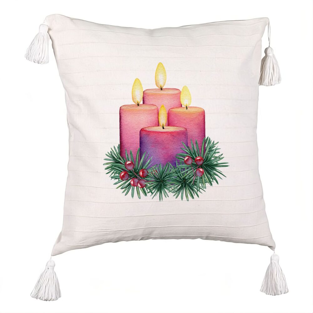 Perna Decorativa cu Franjuri cu tematica de Craciun, Lumanari 5, 45x45 cm, Ecru, Cu fermoar 5 Perna Decorativa cu Franjuri cu tematica de Craciun