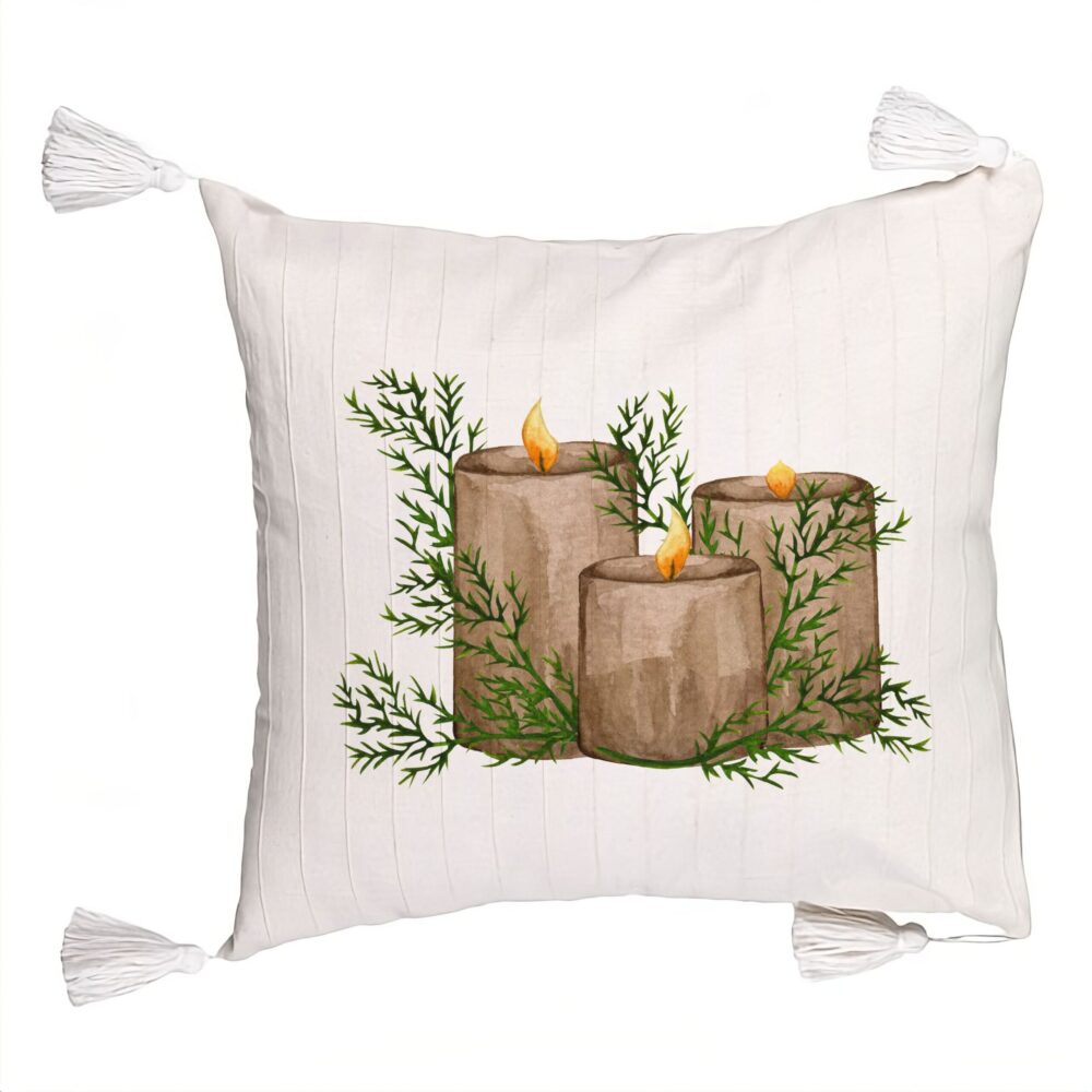 Perna Decorativa cu Franjuri cu tematica de Craciun, Lumanari, 6, 45x45 cm, Ecru, Cu fermoar 5 Perna Decorativa cu Franjuri cu tematica de Craciun