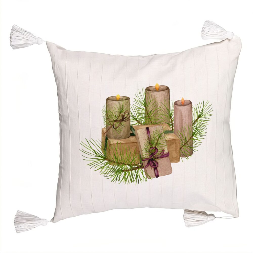 Perna Decorativa cu Franjuri cu tematica de Craciun, Lumanari, 7, 45x45 cm, Ecru, Cu fermoar 5 Perna Decorativa cu Franjuri cu tematica de Craciun