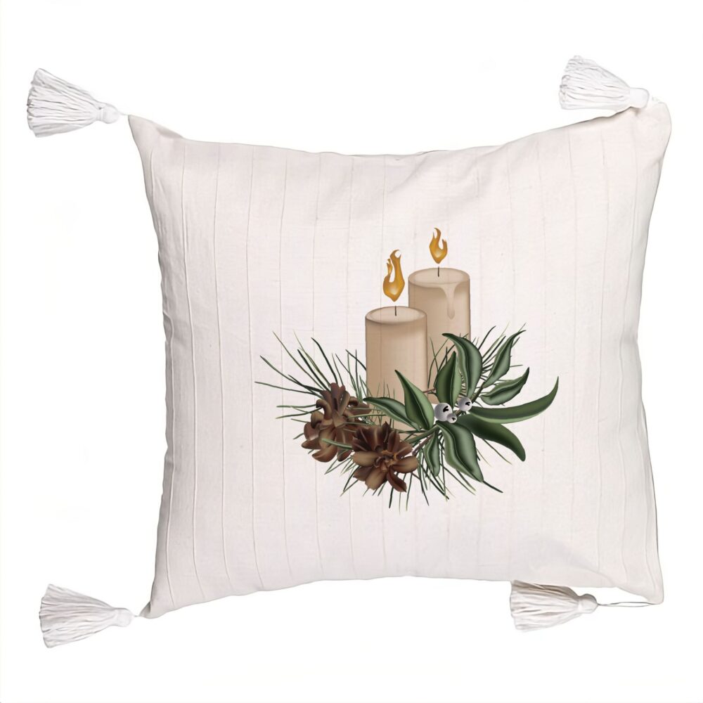 Perna Decorativa cu Franjuri cu tematica de Craciun, Lumanari, 8, 45x45 cm, Ecru, Cu fermoar 5 Perna Decorativa cu Franjuri cu tematica de Craciun