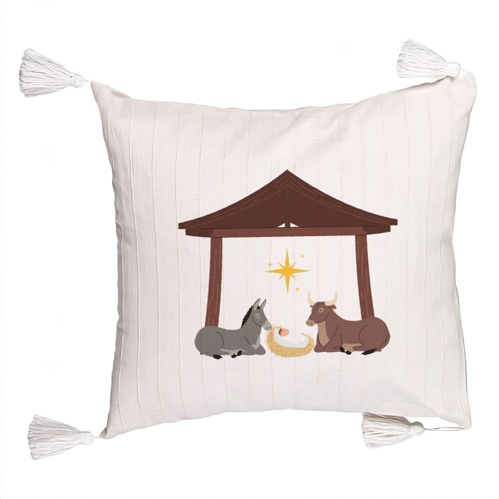 Perna Decorativa cu Franjuri cu tematica de Craciun, Nasterea Sperantei, 45x45 cm, Ecru, Cu fermoar 5 Perna Decorativa cu Franjuri cu tematica de Craciun