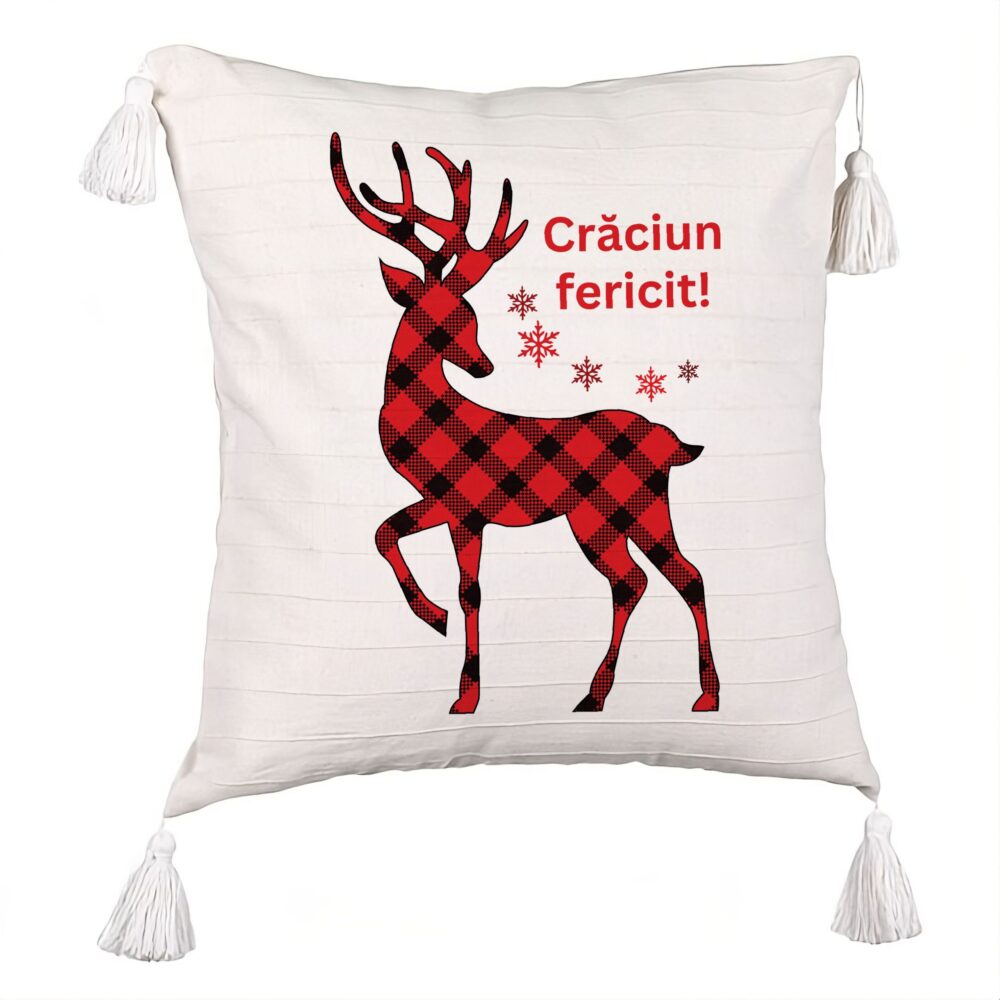 Perna Decorativa cu Franjuri cu tematica de Craciun, Ren si Text 4, 45x45 cm, Ecru, Cu fermoar 5 Perna Decorativa cu Franjuri cu tematica de Craciun