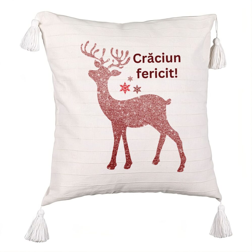 Perna Decorativa cu Franjuri cu tematica de Craciun, Ren si Text 5, 45x45 cm, Ecru, Cu fermoar 5 Perna Decorativa cu Franjuri cu tematica de Craciun