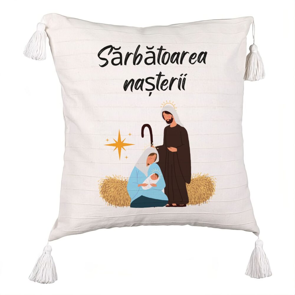 Perna Decorativa cu Franjuri cu tematica de Craciun, Sarbatoarea Nasterii 1, 45x45 cm, Ecru, Cu fermoar 5 Perna Decorativa cu Franjuri cu tematica de Craciun