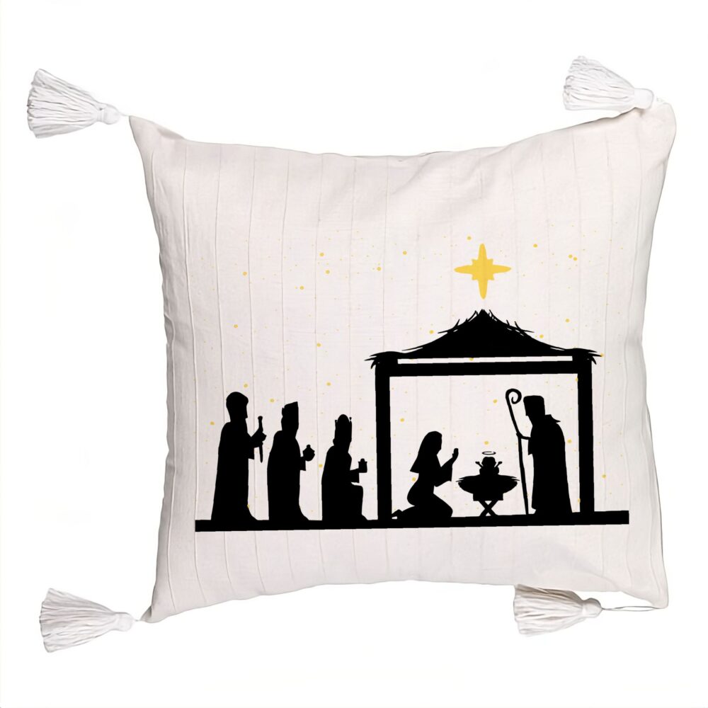 Perna Decorativa cu Franjuri cu tematica de Craciun, Sarbatoarea Nasterii 2, 45x45 cm, Ecru, Cu fermoar 5 Perna Decorativa cu Franjuri cu tematica de Craciun