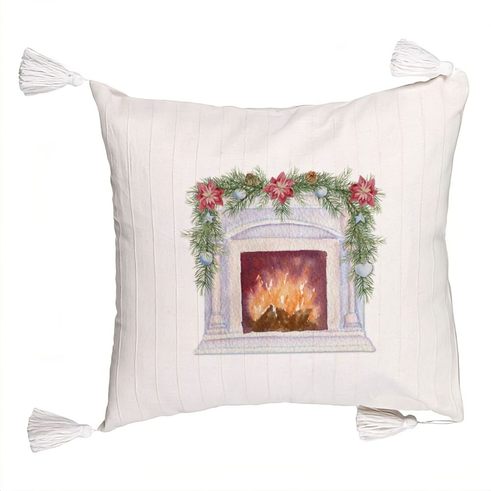 Perna Decorativa cu Franjuri cu tematica de Craciun, Semineu, 45x45 cm, Ecru, Cu fermoar 5 Perna Decorativa cu Franjuri cu tematica de Craciun