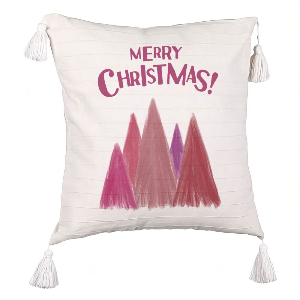 Perna Decorativa cu Franjuri de Craciun Brazi color si text, 45x45 cm, Ecru, Cu fermoar 5 Perna Decorativa cu Franjuri de Craciun Brazi color si text