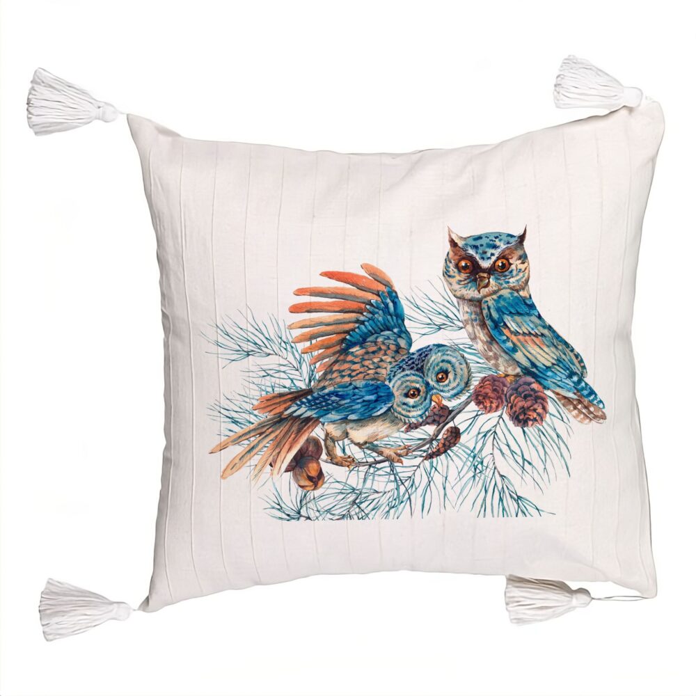 Perna Decorativa cu Franjuri de Craciun Bufnita Colorfull, 45x45 cm, Ecru, Cu fermoar 5 Perna Decorativa cu Franjuri de Craciun Bufnita Colorfull