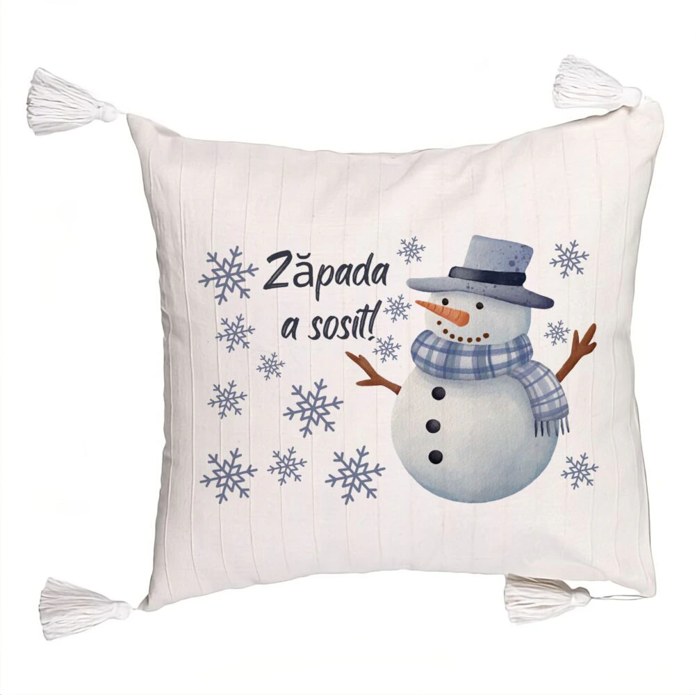 Perna Decorativa cu Franjuri de Craciun Om de Zapada si Text 2, 45x45 cm, Ecru, Cu fermoar 5 Perna Decorativa cu Franjuri de Craciun Om de Zapada si Text 2