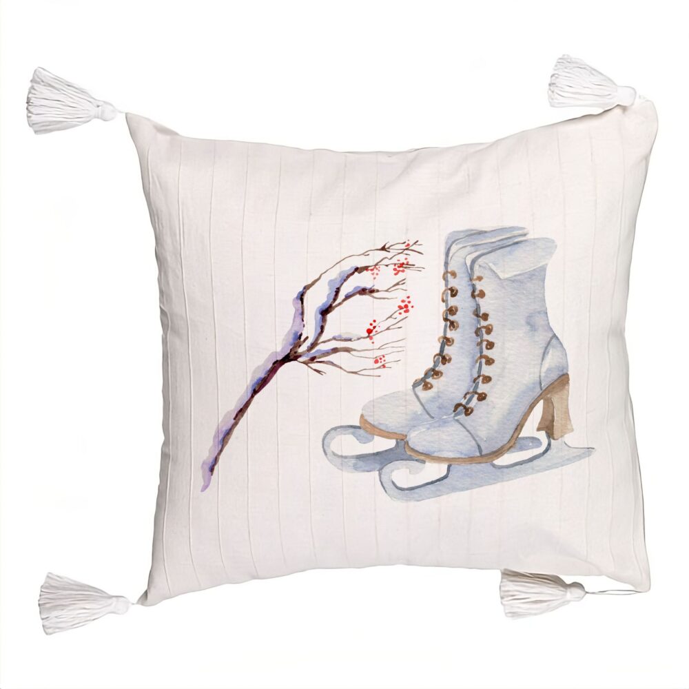 Perna Decorativa cu Franjuri de Craciun, Patine gheata, 1, 45x45 cm, Ecru, Cu fermoar 5 Perna Decorativa cu Franjuri de Craciun