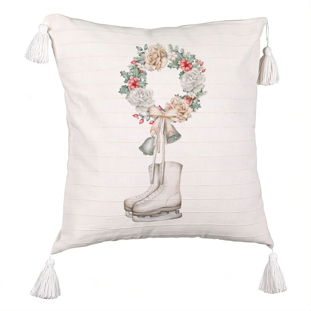 Perna Decorativa cu Franjuri de Craciun, Patine gheata si Coronita, 45x45 cm, Ecru, Cu fermoar 5 Perna Decorativa cu Franjuri de Craciun