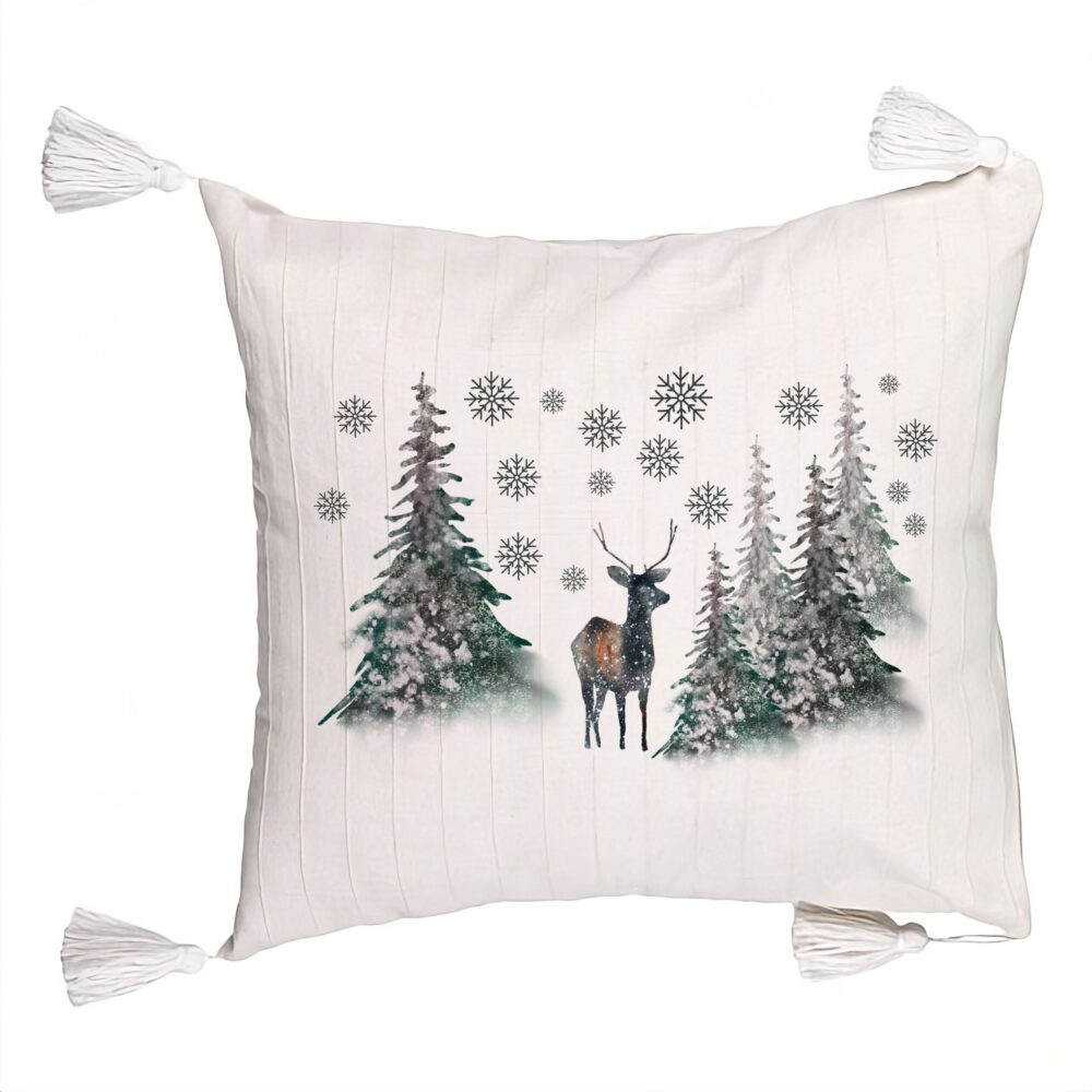 Perna Decorativa cu Franjuri de Craciun, Peisaj Brazi si Cerb, 45x45 cm, Ecru, Cu fermoar 5 Perna Decorativa cu Franjuri de Craciun