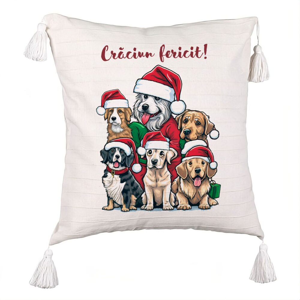 Perna Decorativa cu Franjuri de Craciun cu Catelusi si Text, 45x45 cm, Ecru, Cu fermoar 5 Perna Decorativa cu Franjuri de Craciun cu Catelusi si Text