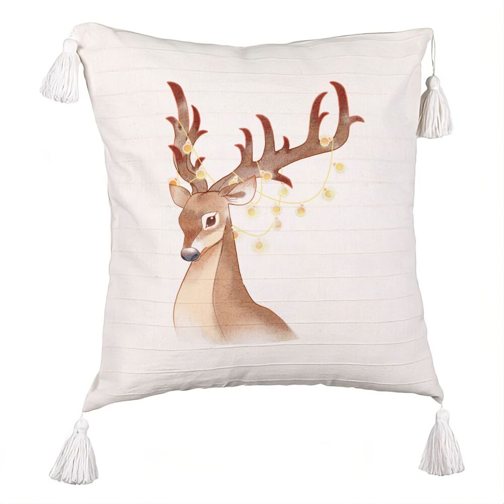 Perna Decorativa cu Franjuri de Craciun cu Ren, 1, 45x45 cm, Ecru, Cu fermoar 5 Perna Decorativa cu Franjuri de Craciun cu Ren