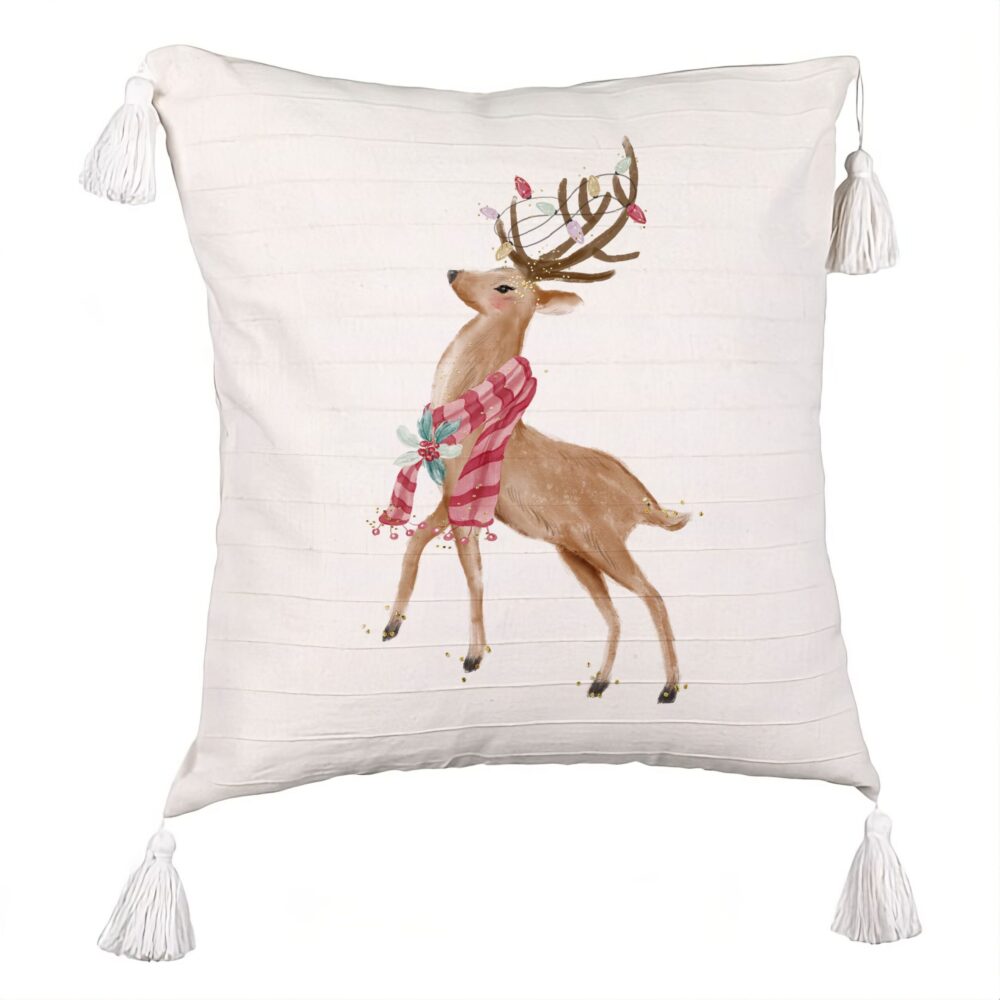 Perna Decorativa cu Franjuri de Craciun cu Ren, 2, 45x45 cm, Ecru, Cu fermoar 5 Perna Decorativa cu Franjuri de Craciun cu Ren