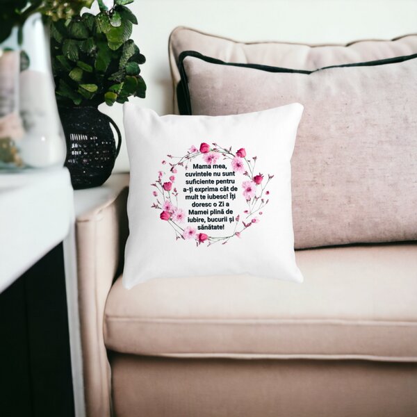 Perna Decorativa cu Model pentru Mama cu text 40x40 cm, Alba, Mata, Husa Detasabila, Burduf 14 Alba