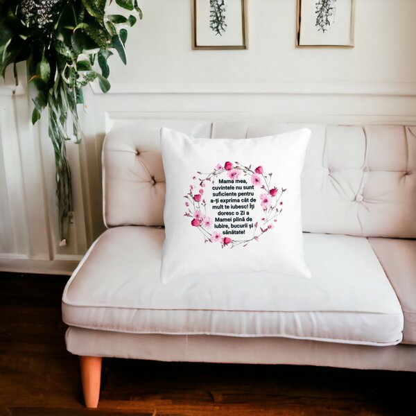 Perna Decorativa cu Model pentru Mama cu text 40x40 cm, Alba, Mata, Husa Detasabila, Burduf 15 Mata