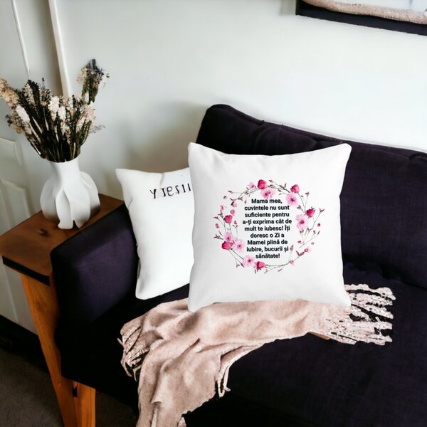 Perna Decorativa cu Model pentru Mama cu text 40x40 cm, Alba, Mata, Husa Detasabila, Burduf 17 Burduf
