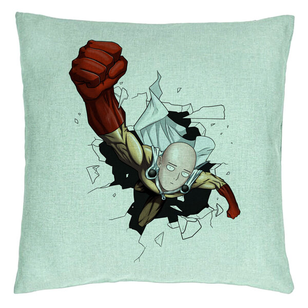 Perna Decorativa cu One Punch man, 40x40 cm, Verde Menta, Husa Detasabila, Burduf 5 Perna Decorativa cu One Punch man