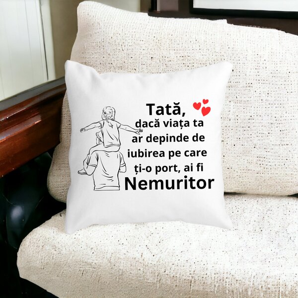 Perna Decorativa cu Text pentru Tata 6,40x40 cm, Alba, Mata, Husa Detasabila, Burduf 12 40x40 cm