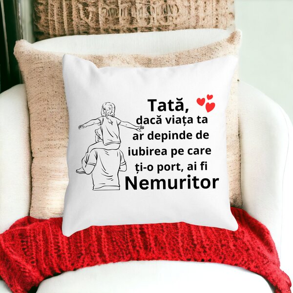 Perna Decorativa cu Text pentru Tata 6,40x40 cm, Alba, Mata, Husa Detasabila, Burduf 13 Alba