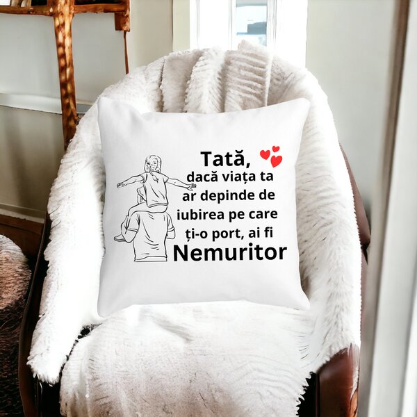 Perna Decorativa cu Text pentru Tata 6,40x40 cm, Alba, Mata, Husa Detasabila, Burduf 14 Mata