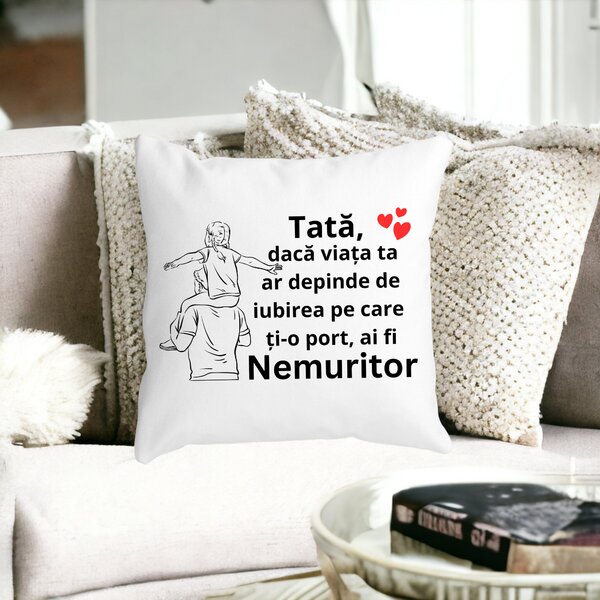Perna Decorativa cu Text pentru Tata 6,40x40 cm, Alba, Mata, Husa Detasabila, Burduf 15 Husa Detasabila