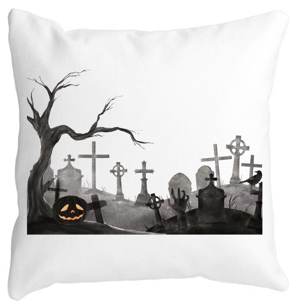 Perna Decorativa cu motiv Cimitir de Halloween, 40x40 cm, Alba, Mata, Husa Detasabila, Burduf 13 Perna Decorativa cu motiv Cimitir de Halloween