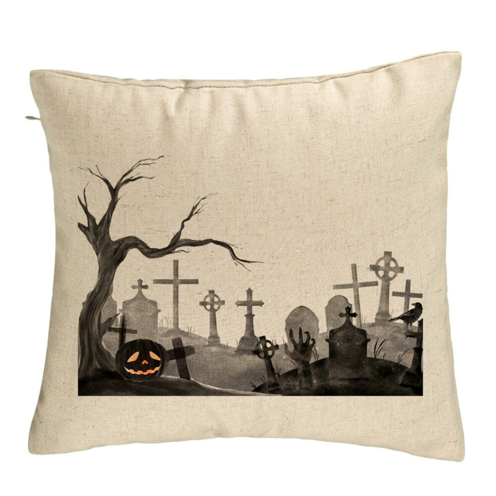 Perna Decorativa cu motiv Cimitir de Halloween, 40x40 cm, Bej, Husa Detasabila, Burduf 5 Perna Decorativa cu motiv Cimitir de Halloween