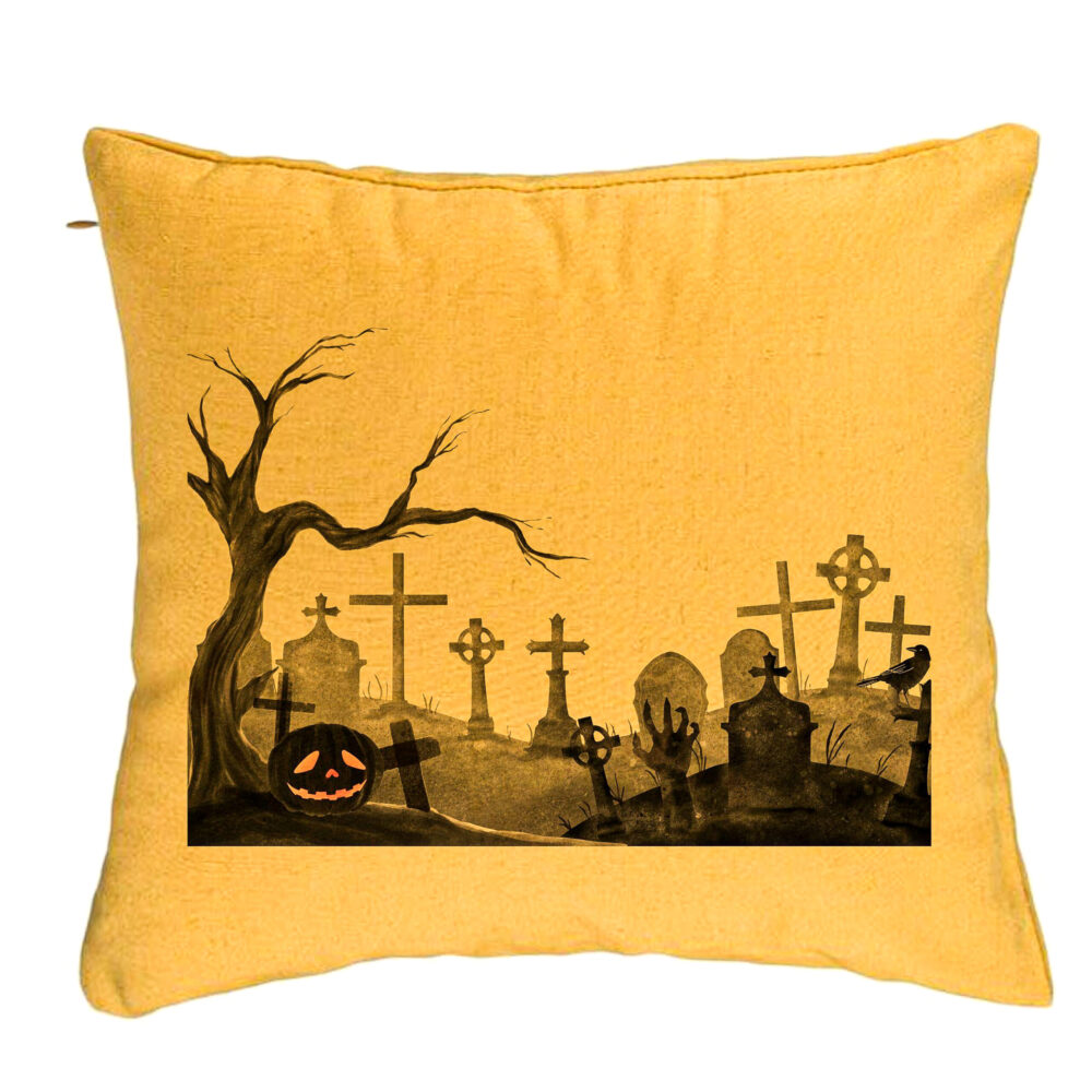Perna Decorativa cu motiv Cimitir de Halloween, 40x40 cm, Galben, Husa Detasabila, Burduf 5 Perna Decorativa cu motiv Cimitir de Halloween