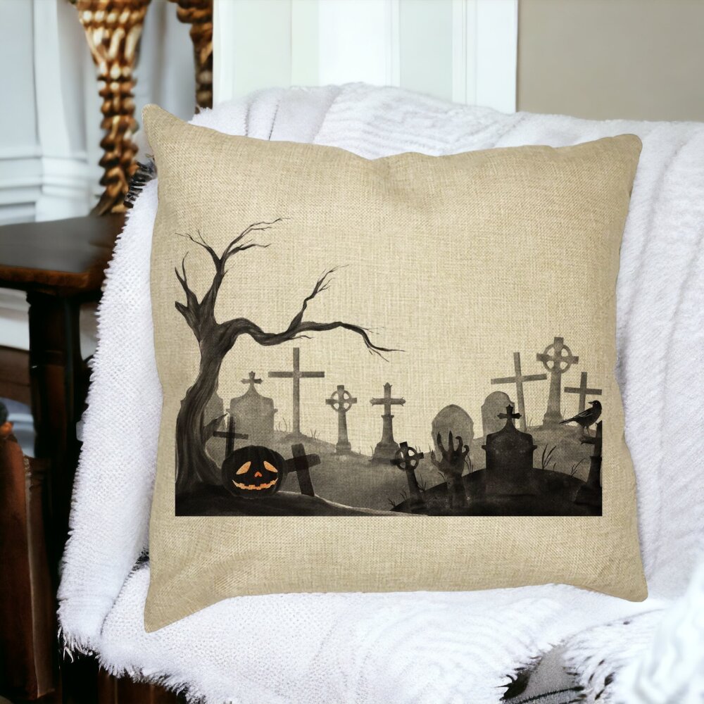 Perna Decorativa cu motiv Cimitir de Halloween, 40x40 cm, Husa Detasabila, Burduf 14 Burduf
